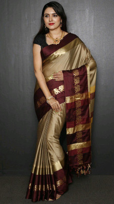 Fab Silk Woven Banarasi Handloom Cotton Silk Saree(Maroon, Cream)