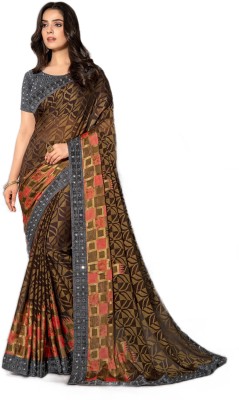 ishika fab Printed, Digital Print, Geometric Print, Floral Print, Checkered Bollywood Chiffon, Brasso Saree(Brown)