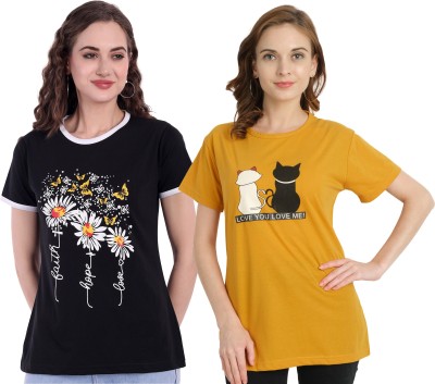 CHOZI Printed Women Round Neck Black, Yellow T-Shirt