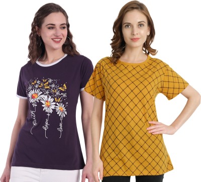 CHOZI Printed Women Round Neck Purple, Yellow T-Shirt