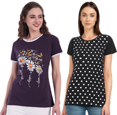 CHOZI Printed Women Round Neck Purple, Black T-Shirt