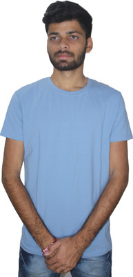 The SaGa Solid Men Round Neck Light Blue T-Shirt