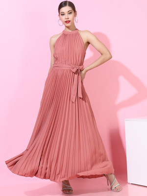 Tokyo Talkies Women Ribbed Pink Maxi/Full Length Dress