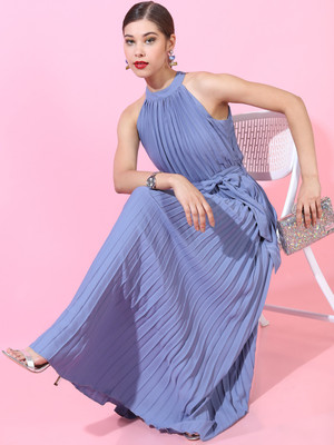 Tokyo Talkies Women Pleated Blue Maxi/Full Length Dress