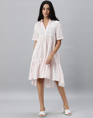 RAREISM Women Tiered Pink Midi/Calf Length Dress