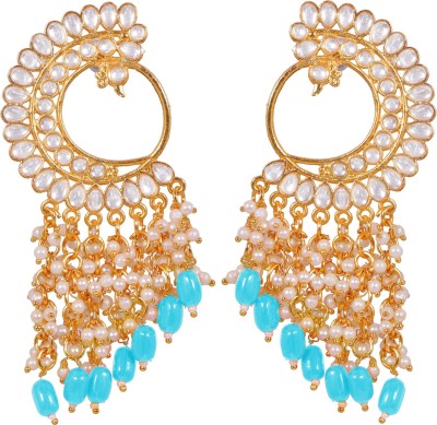 CRUNCHY FASHION Gold-plated Long Peacock Design Kundan Sky Blue Pearl Enamel Dangler Earrings Alloy Drops & Danglers