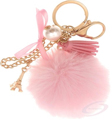 iAccessories Fluffy Faux Fur Pom Pom Pearl Tower Charm Keyring for Girls Bags Scooty Bike Car Key Chain