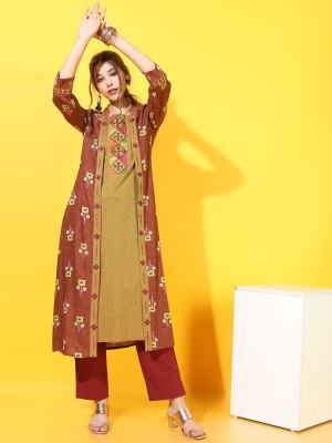 Vishudh Women Printed Straight Kurta(Brown)