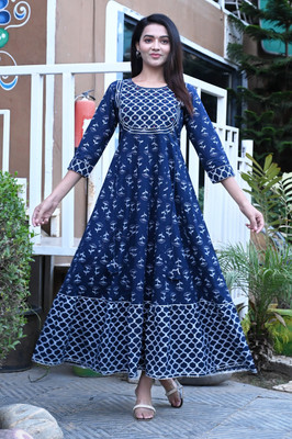 Janki Creation Women Floral Print Anarkali Kurta(Blue)