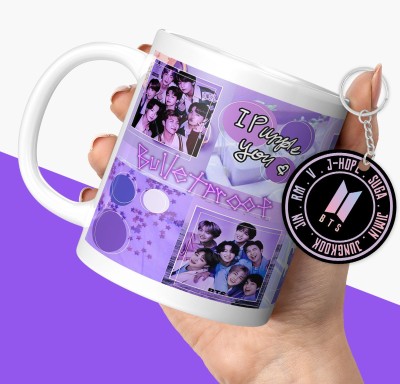 NH10 DESIGNS BTS Printed Army Cup with Keychain BTS Products For Girls Boys Friends (BNWMK1) Ceramic Coffee Mug(350 ml, Pack of 2)