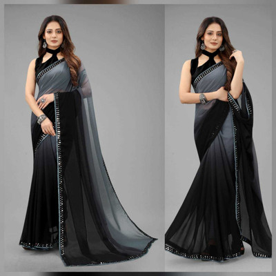 Ozon Designer Fab Self Design, Embellished, Solid/Plain Daily Wear Georgette, Chiffon Saree(Grey)