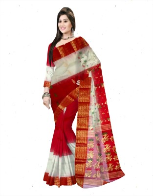 Pradip Fabrics Woven Tant Silk Blend Saree(Red, White)