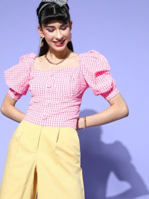 PLUSS Casual Checkered Women Pink Top