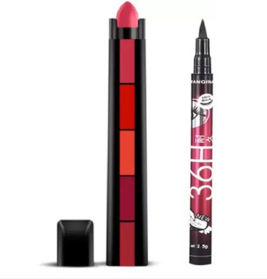 Pohok Professional Beauty Red Edition Fab 5 In 1 Matte Finish Lipstick + Yanqina 36 Hrs. Long Lasting Liquid Eyeliner(2 Items in the set)