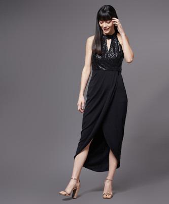 Miss Chase Women Asymmetric Black Midi/Calf Length Dress