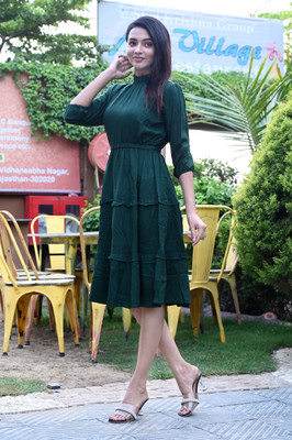 Fabitude Women Layered Dark Green Midi/Calf Length Dress