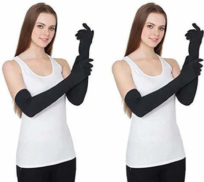 Krystle Women Full Hand Gloves and Sun Protection Gloves (Black)-(Pack of 02) Running Gloves(Black)