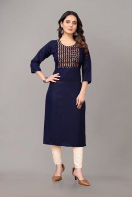 PinkZel Women Embroidered Straight Kurta(Dark Blue)