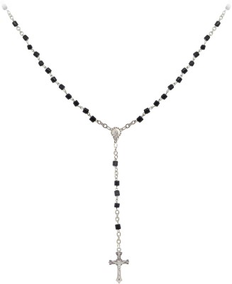 FRESH VIBES Stylish Black Beads Silver Jesus Christ Cross Locket Long Christian Neck Chain Alloy Chain