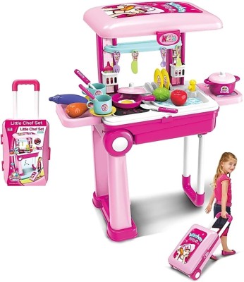 Kumar toys store Kids Little Chef 2in1 Kitchen Set With Trolly With Music And Light Pink Color