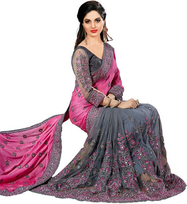 PRAMUKH HEAVAN Solid/Plain Bollywood Net, Art Silk Saree(Pink, Grey)