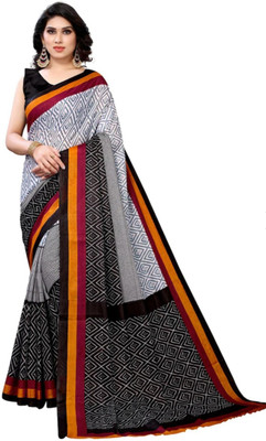 ETHINICPORT Printed Ikkat Pure Cotton Saree(Black, Grey)