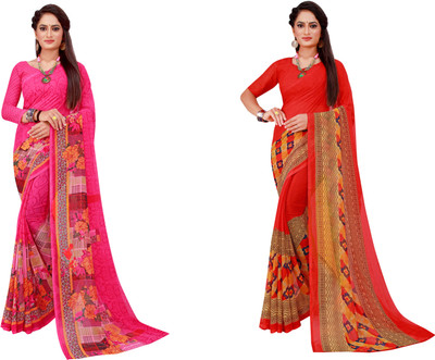 Saadhvi Printed Daily Wear Georgette Saree(Pack of 2, Green)