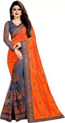 PRAMUKH HEAVAN Embroidered Bollywood Net, Art Silk Saree(Orange, Grey)