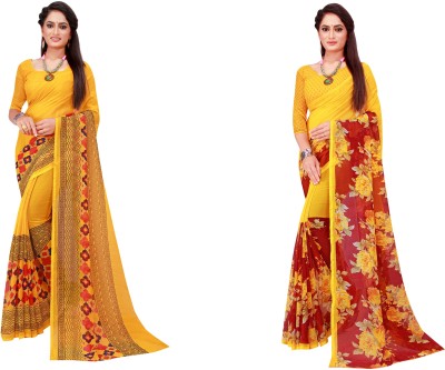 Saadhvi Printed Daily Wear Georgette Saree(Pack of 2, Red, Yellow)