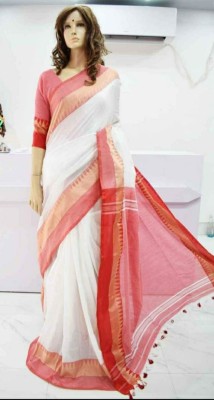 Balorampal Temple Border Handloom Pure Cotton Saree(Red, White)