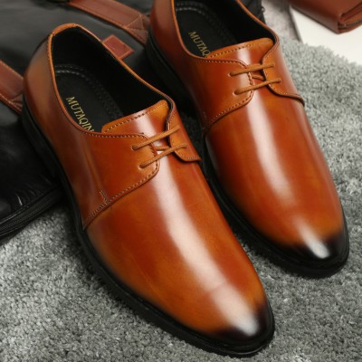 MUTAQINOTI Men's Patent Leather Formal Derby Lace Up Shoes - Russet Tan (MQVXPLTN) UK 9 Casuals For Men(Tan)