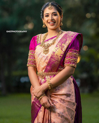 Zenophily Woven Kanjivaram Pure Silk, Art Silk Saree(Pink)