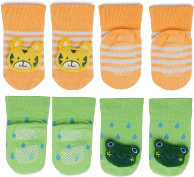 Baby Bloom Baby Boys & Girls 0 To 2 Years 2 Pair Cotton Tiger and Frog Face Ankle Socks/ Booties(Toe to Heel Length - 12 cm, Orange, Yellow, Light Green)