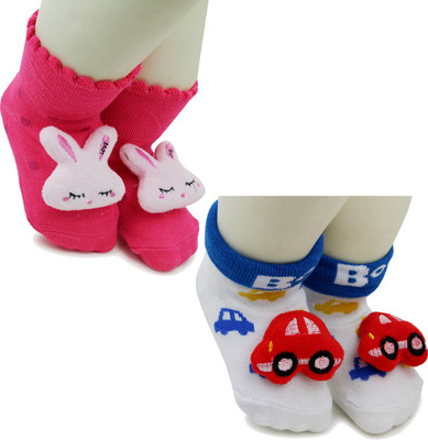 Neska Moda 3 To 12 Months Baby Set Of 2 Pair Cotton Anti Slip Face Ankle Socks/ Booties(Toe to Heel Length - 12 cm, Rani Pink, Red, White, Blue)