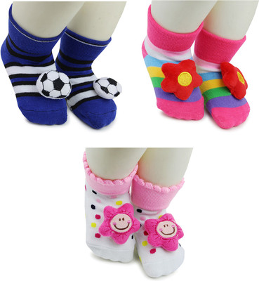 Neska Moda 3 To 12 Months Baby Set Of 3 Pair Cotton Anti Slip Face Ankle Socks/ Booties(Toe to Heel Length - 12 cm, Multicolor)