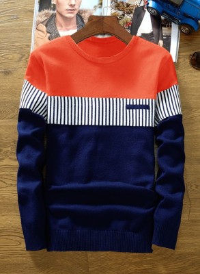 EyeBogler Striped Men Round Neck Dark Blue, White, Orange T-Shirt