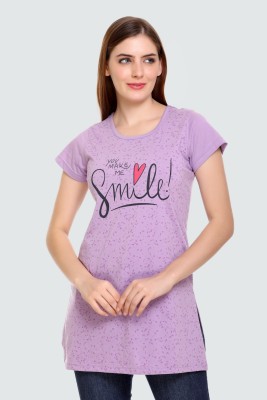 White Moon Printed Women Round Neck Purple T-Shirt