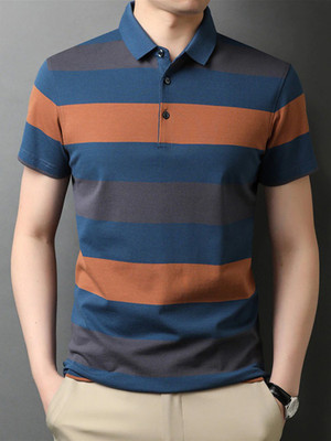 Eyebogler Striped Men Polo Neck Blue, Grey, Orange T-Shirt