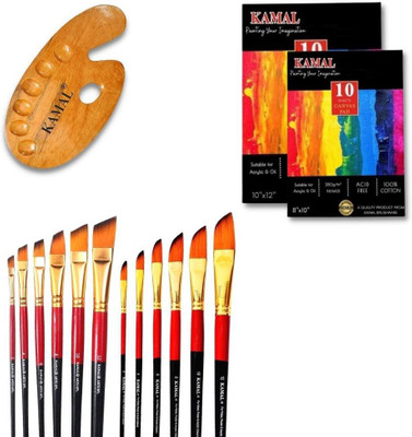 KAMAL Angular/Dagger Brushes with Canvas PAD 8X10,10X12 Set of 2 / Wooden Palette