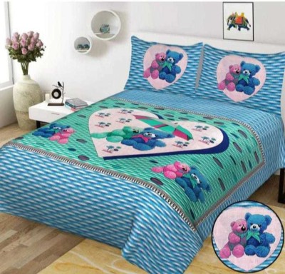 7MART 140 TC Cotton Queen Cartoon Flat Bedsheet(Pack of 1, Blue)