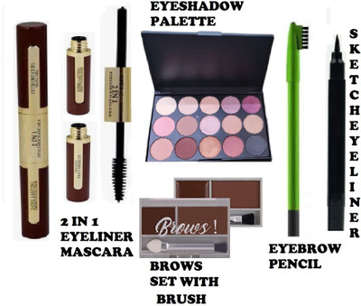 GFSU Ultimate 15 COLOR EYESHADOW PALETTE +2 IN 1 EYELINER MASCARA + EYEBROW PENCIL+SKETCH EYELINER + BROWS SET MAKEUP COMBO(5 Items in the set)