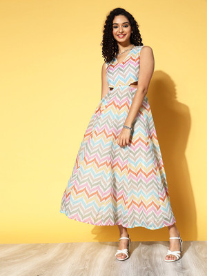 Shae by SASSAFRAS Women Fit and Flare Multicolor Midi/Calf Length Dress
