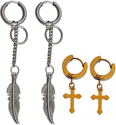 M Men Style Chrismas Gift Feather And Ring Two Long Chain Hoop Earring Cross Hoop Earring Stainless Steel Hoop Earring