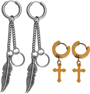 M Men Style Chrismas Gift Feather And Ring Two Long Chain Hoop Earring Cross Hoop Earring Metal Earring Set