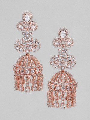 RUBANS Rose Gold Plated Jhumka Earrings With Studded American Stones. Copper Jhumki Earring
