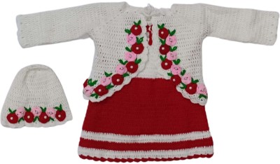 Cute Collection Baby Girls Party(Festive) Dress Shrug, Cap(Red & White)