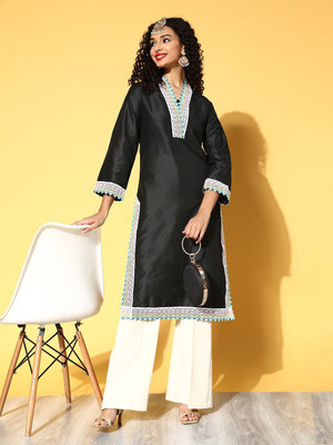 Shae by SASSAFRAS Women Solid Straight Kurta(Black)