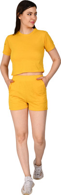 Amanzo Women Solid Yellow Top & Shorts Set