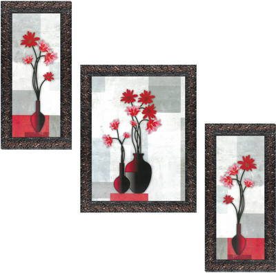 Indianara Set of 3 Flowers in Vases Framed Art Painting (3256GBN) without glass Digital Reprint 13 inch x 10 inch Painting(With Frame, Pack of 3)