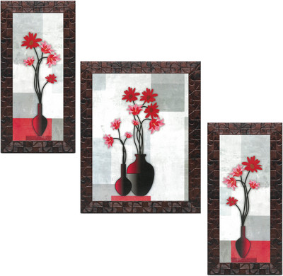 Indianara Set of 3 Flowers in Vases Framed Art Painting (3256GBNN) without glass Digital Reprint 13 inch x 10 inch Painting(With Frame, Pack of 3)